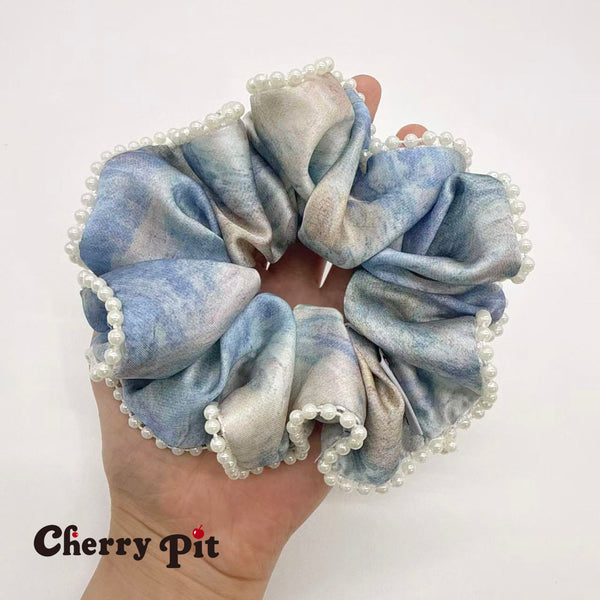 sky pattern scunchie with pearls trim