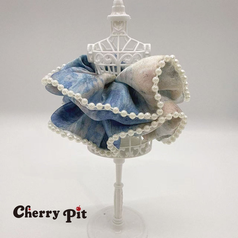 sky pattern scunchie with pearls trim