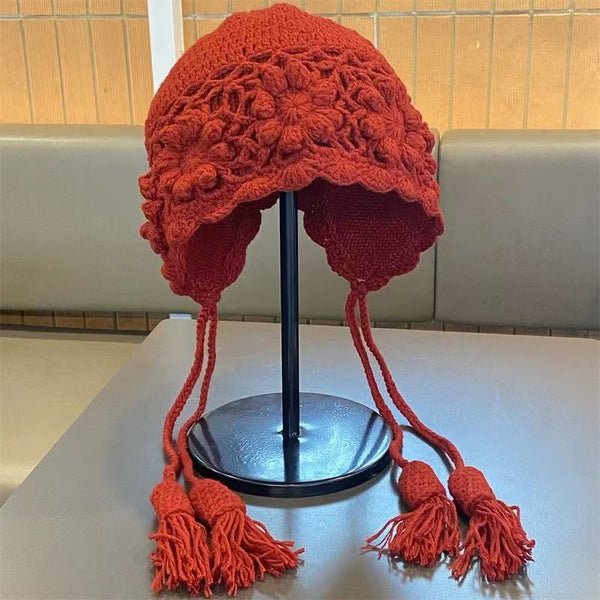 cotton mixed yarn hand crochet trapper with nice tassels