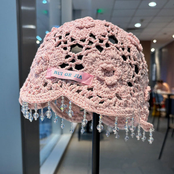 Hand crochet acrylic beanie with crystal trim
