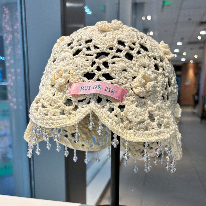 Hand crochet acrylic beanie with crystal trim