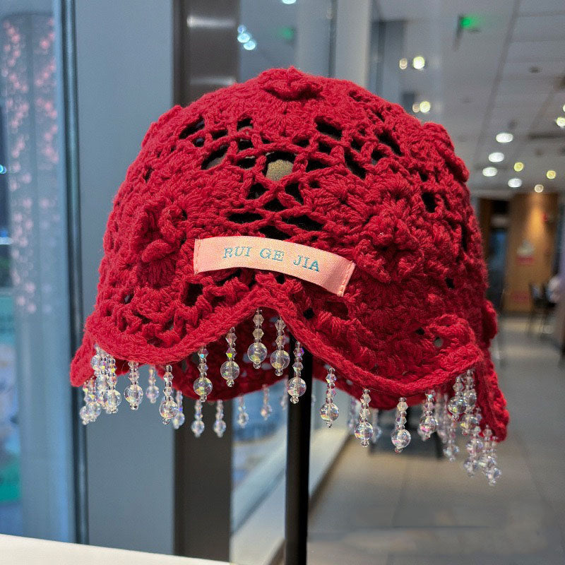 Hand crochet acrylic beanie with crystal trim