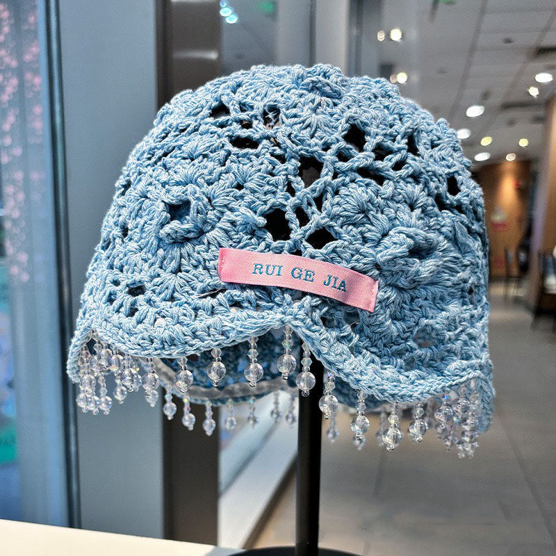 Hand crochet acrylic beanie with crystal trim