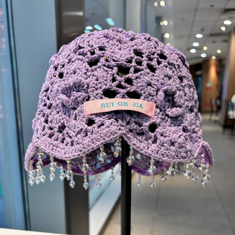 Hand crochet acrylic beanie with crystal trim