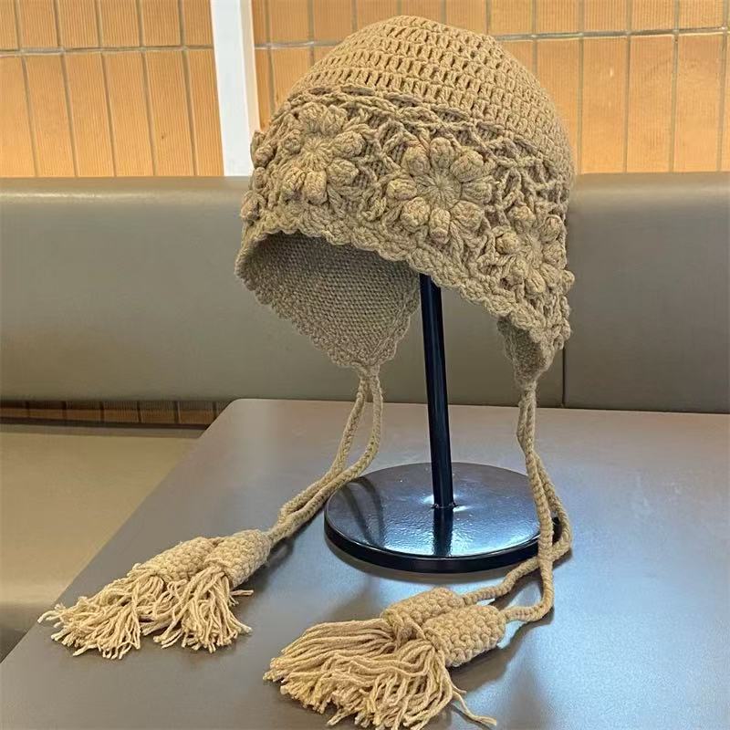 cotton mixed yarn hand crochet trapper with nice tassels